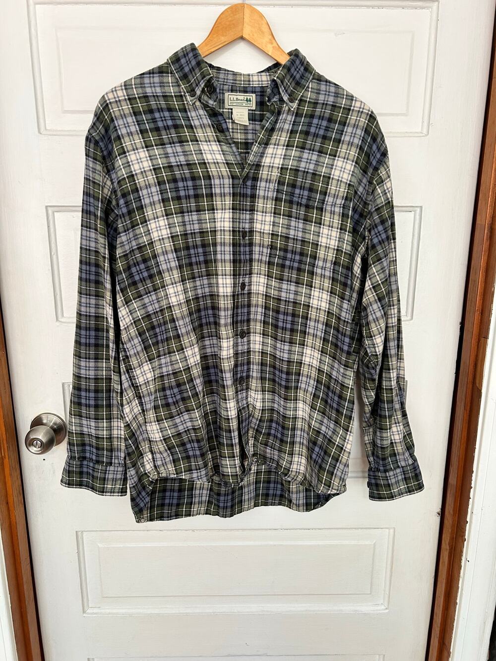 LL Bean Flannel Blue Green Plaid Men's Medium 100% Cotton